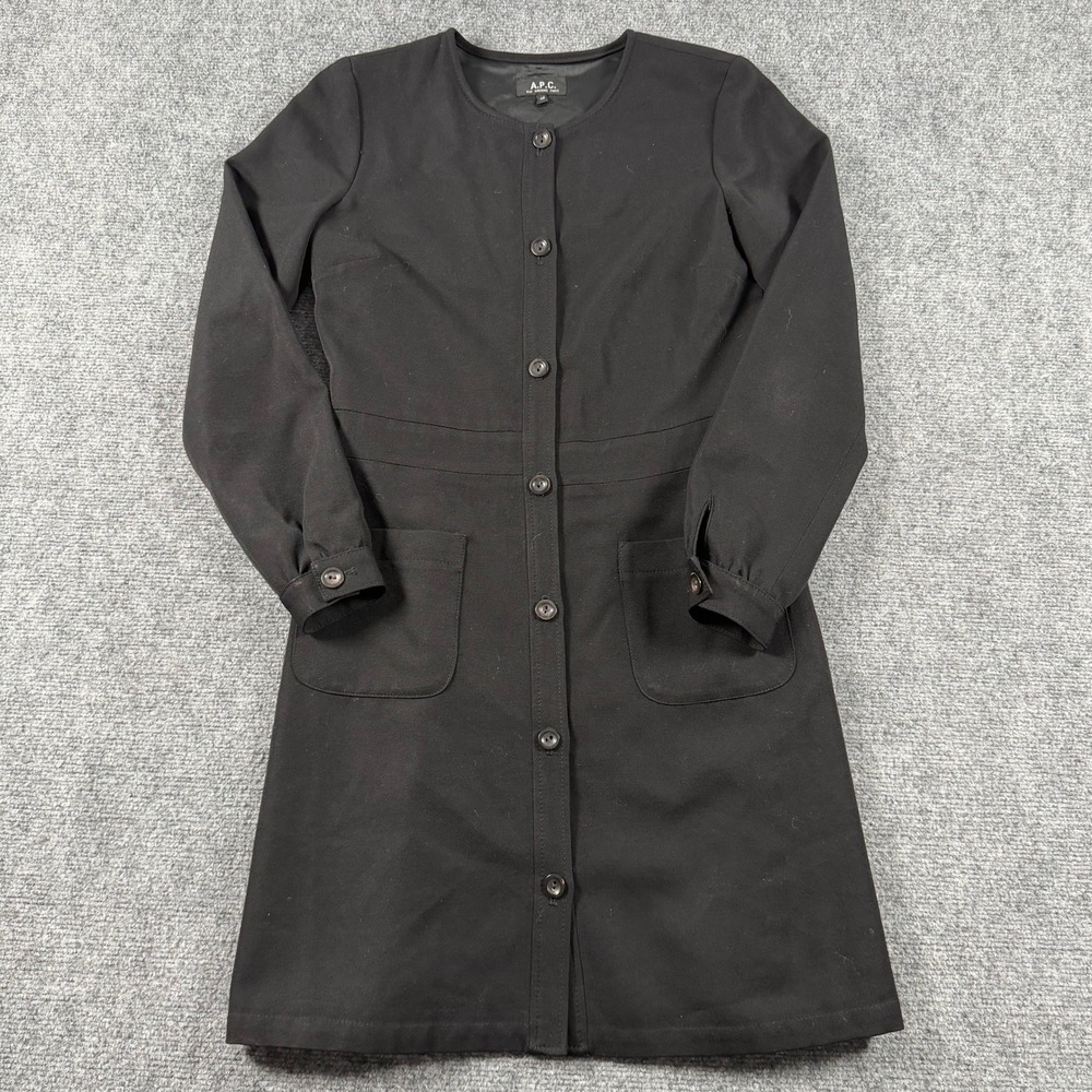A.P.C. Button Front Dress Womens 36 Black Wool Long Sleeve Minimalist Shift